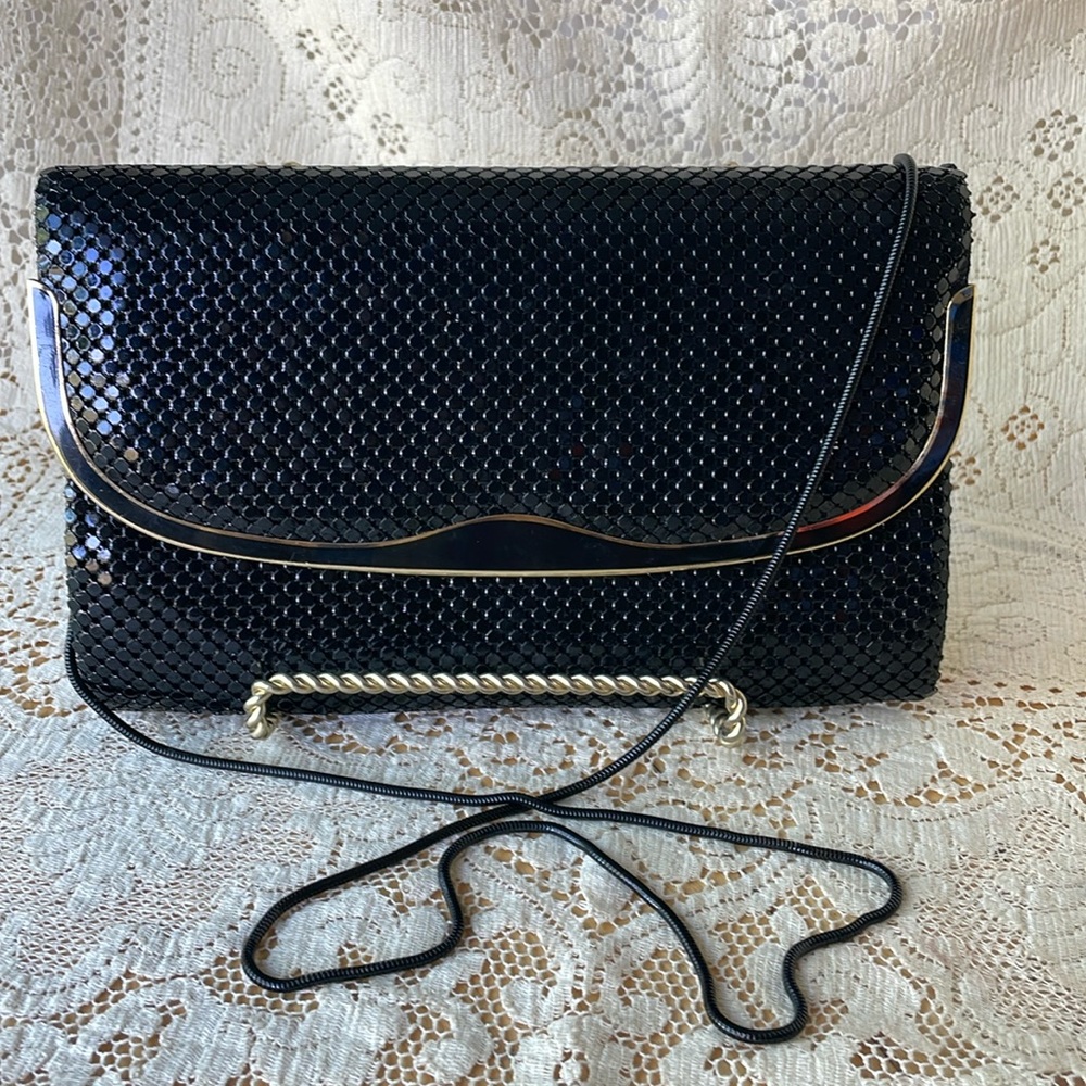Clutch Purse Shoulder Strap Shiny Black, Gold Accents 10x6.5” Party Style